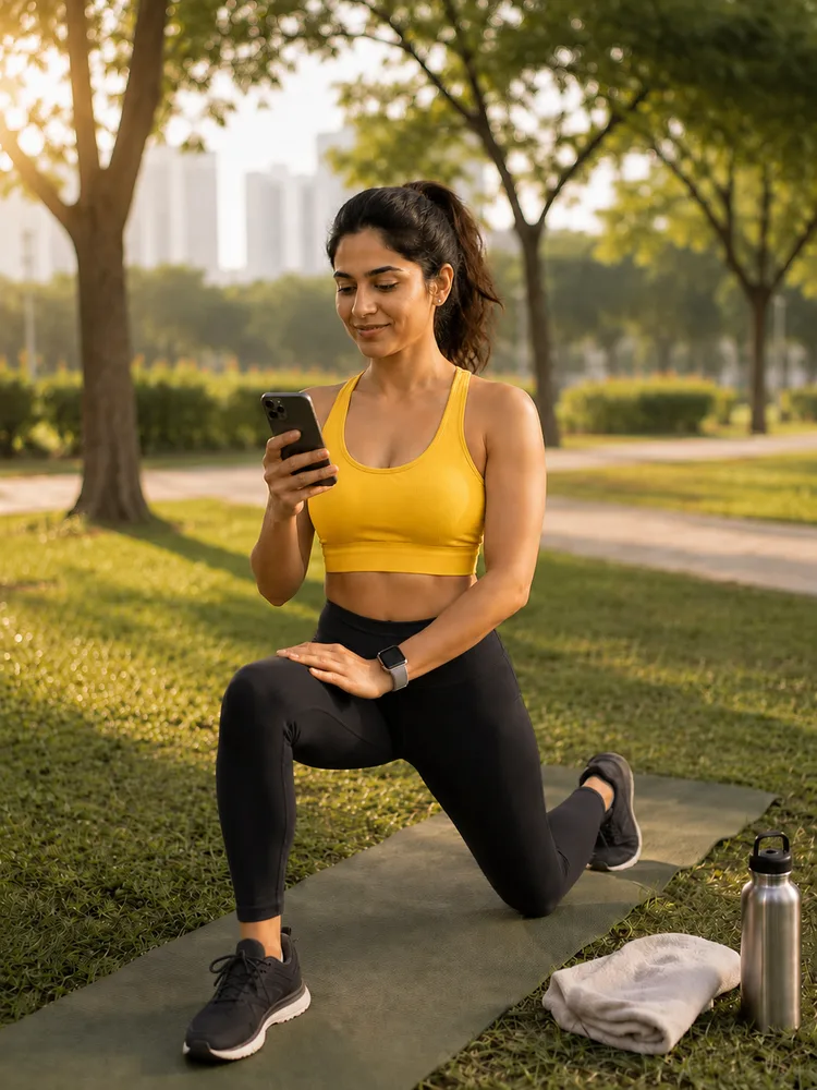 Pessoa sorrindo enquanto usa o celular ao ar livre